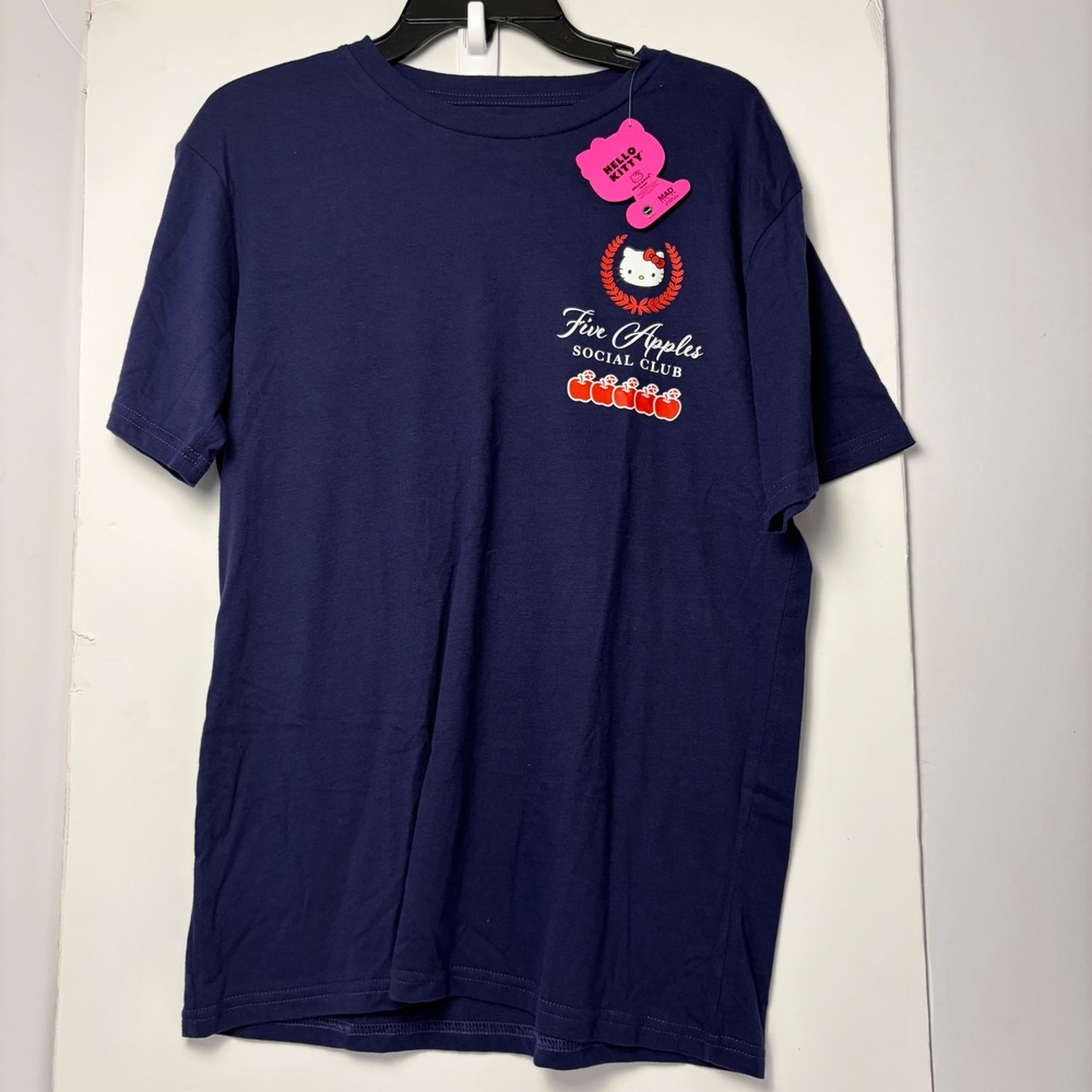 Hello Kitty Five Apples Social Club Graphic T-Shirt Navy Blue Varsity Tee M